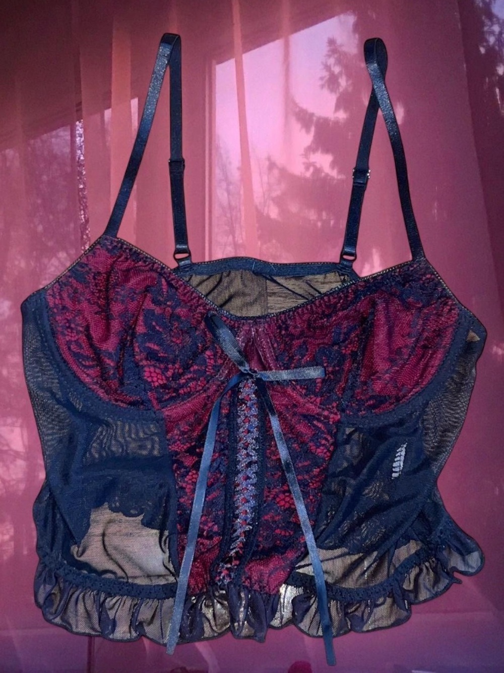 Lace-Front Black & Red Crop Bustier Top